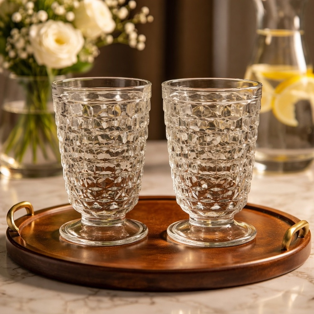 Indiana Whitehall Colony Cubist Clear Glass Iced Tea Glasses 6" Set of 2